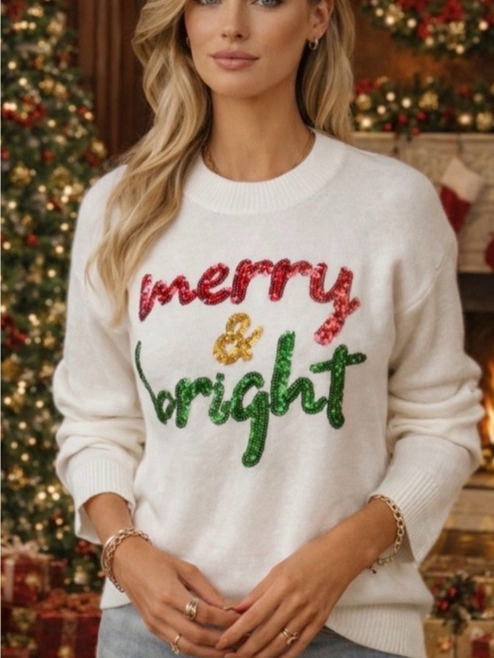 Merry & Bright Sequins Christmas Sweater Classic White
